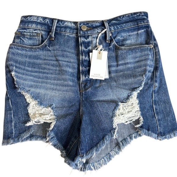 Good American - The Bombshell Denim Distressed Shorts NWT - Picture 4 of 9